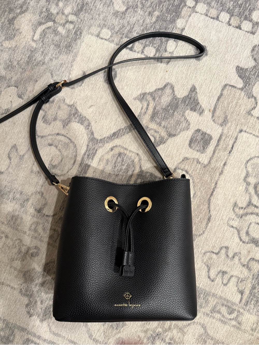 Nanette Lepore Black Pebbled Leather Drawstring Crossbody Bag with Gold Hardware